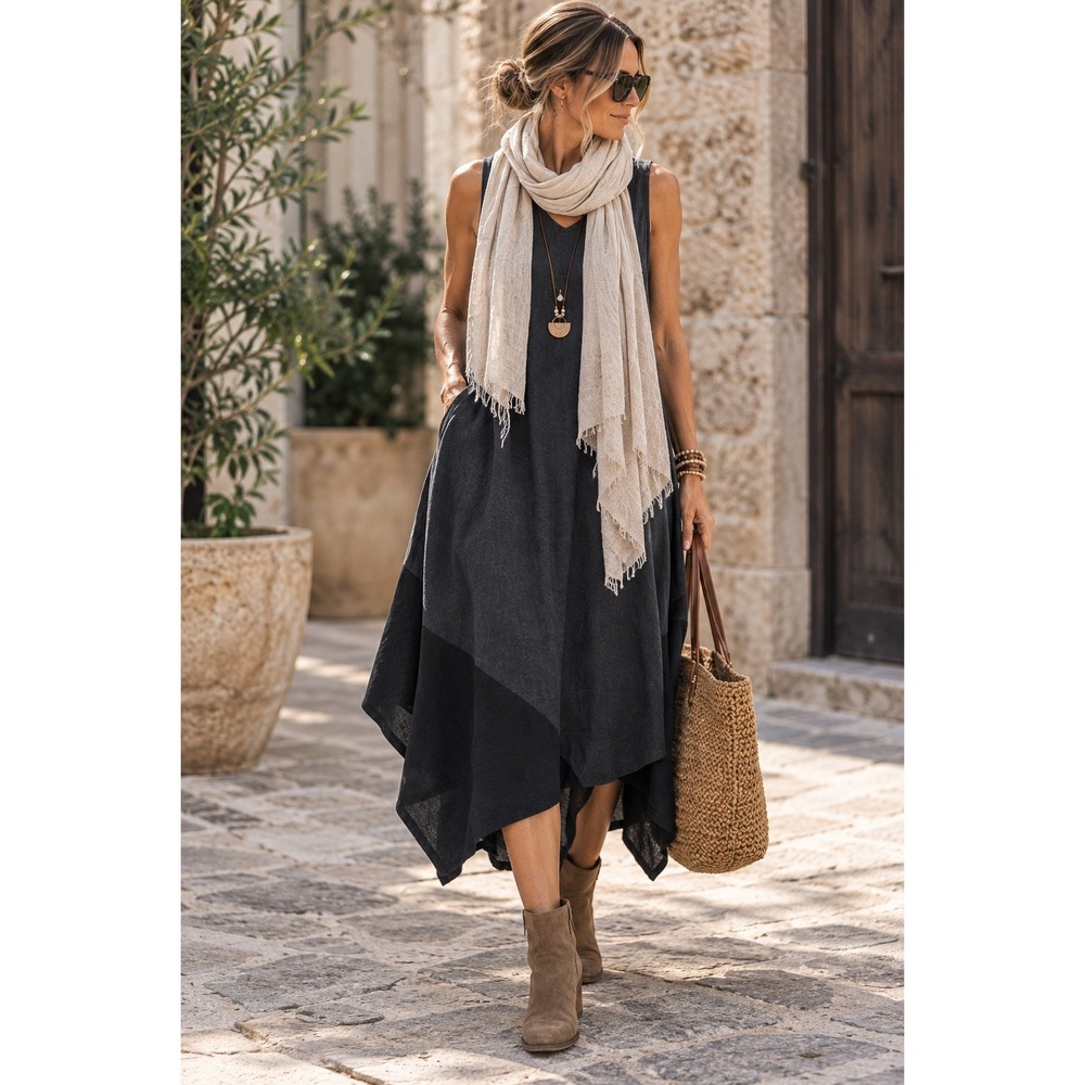Eileen Fisher Petite Small Organic Linen Knit Dress Charcoal Grey V-Neck